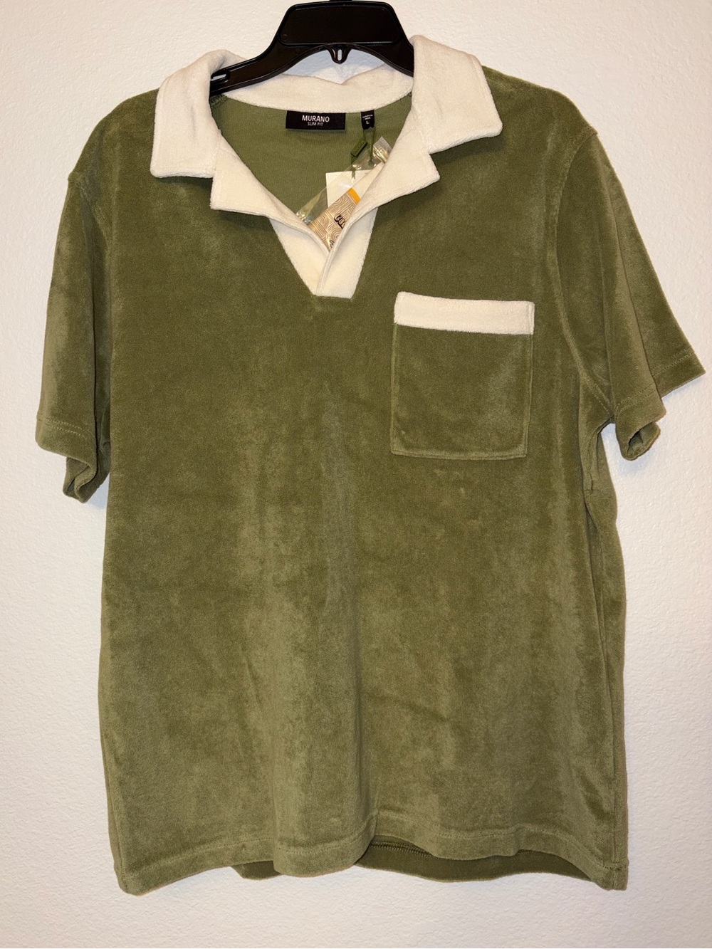 Murano Mens Large NWT Olive Green Terry Cloth Polo Shirt White Collar Trim Slim